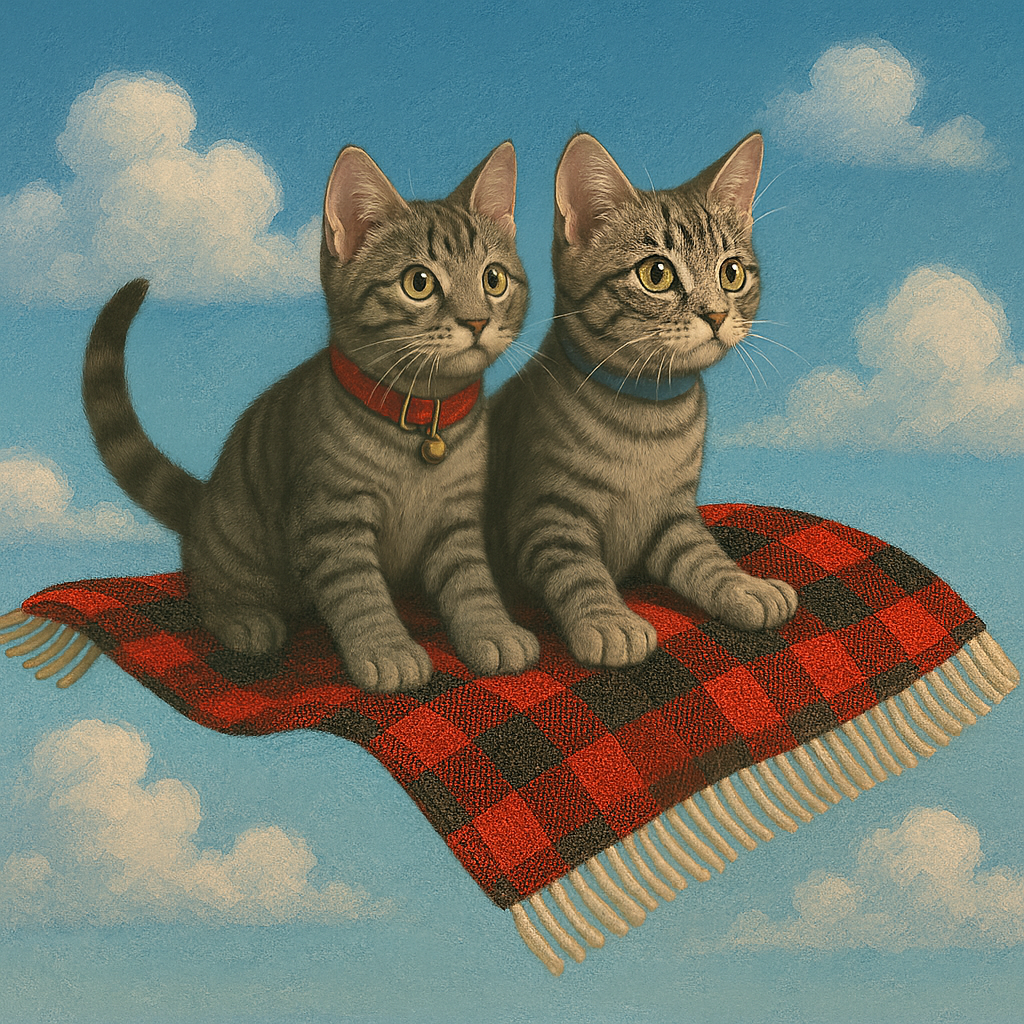 AI image of Scott Adams' cats sitting on a red-and-black Simultaneous Swaddle blanket